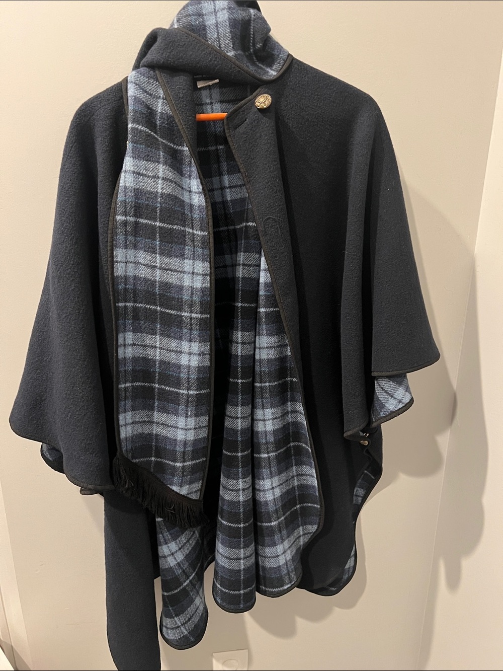 *Heritage of Scotland* Reversible Plaid / Navy Wool-Blend Cape with Plaid Trim